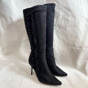 y2k Bakers knee high boots black ruffle pointed toe zip up size 8 stiletto